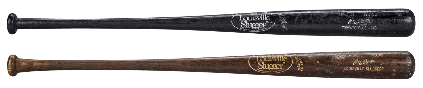 Lot of (2) Joe Carter Game Used & Signed (1986-89 S331) & (1994-97 B343) Louisville Slugger Model Bats (PSA/DNA GU 8.5 & 9 & Beckett)